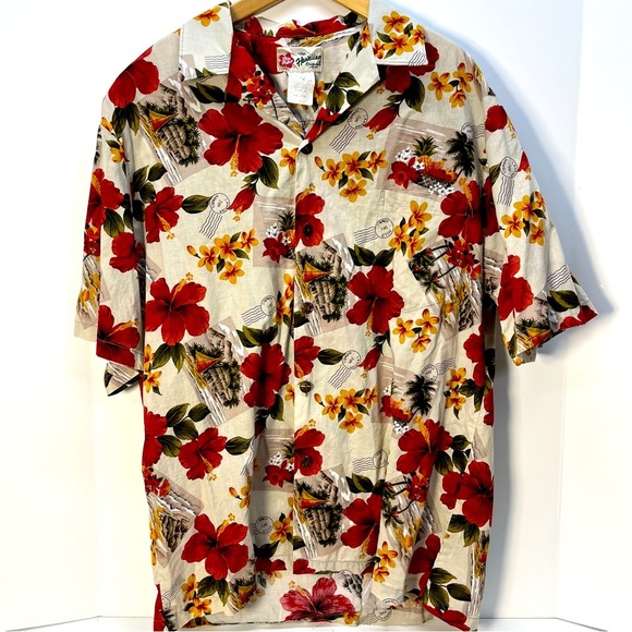 Vintage Hilo Hattie Red Hawaiian Shirt Mens L Hawaii USA Made Hibiscus Floral - Picture 1 of 5
